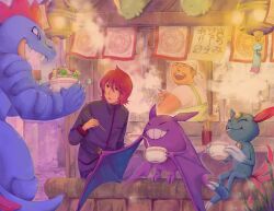  2boys bowl chopsticks commentary_request crobat eating fangs feraligatr food grin happy k_knuckle multiple_boys pokeblock pokemon pokemon_(creature) pokemon_hgss red_hair silver_(pokemon) smile sneasel 