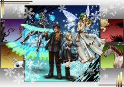  2boys 55dopl3e android_(elona) bad_id bad_pixiv_id blue_eyes boots cute_fairy_(elona) dress elona fairy feline female horse instrument jacket little_girl_(elona) multiple_boys music playing_instrument protagonist_(elona) silver_cat_(elona) snow snowflakes twintails violin 