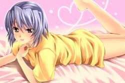  amasora_taichi blush brown_eyes commentary_request female kayuu koihime_musou leg_up light_purple_hair lips lying on_stomach short_hair smile solo the_pose 