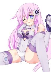  ;o absurdres bad_id bad_pixiv_id bare_shoulders bite_mark blue_eyes blush breasts choujigen_game_neptune_mk2 cleavage cleavage_cutout clenched_hands clothing_cutout covered_navel elbow_gloves embarrassed female gloves hair_between_eyes hair_ornament halterneck highres injury knee_up leotard long_hair looking_at_viewer magical_girl medium_breasts meimu_(infinity) nepgear neptune_(series) one_eye_closed open_mouth photoshop_(medium) pink_hair power_symbol power_symbol-shaped_pupils purple_sister scratches sidelocks simple_background sitting skindentation solo spread_legs symbol-shaped_pupils tears thighhighs turtleneck very_long_hair white_background white_thighhighs wince 