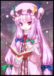  bad_id bad_pixiv_id book border crescent dress female hat holding holding_book kiira long_hair low-tied_long_hair open_book patchouli_knowledge photoshop_(medium) purple_eyes purple_hair solo touhou 