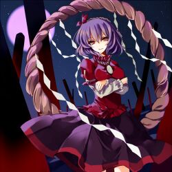  bad_id bad_pixiv_id commentary_request crossed_arms female hair_ornament long_sleeves mirror onbashira open_mouth purple_hair red_eyes rope shimenawa short_hair solo touhou yasaka_kanako yukimiya_(parupunta) 