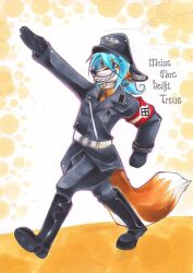  anonymous_artist anthro armband blue_hair boots canid canine clothed clothing cross fascism footwear fox fully_clothed furry_raiders german_text grin hair hat headgear headwear hi_res iron_cross male mammal nazi nazi_salute smile solo text translated uniform 