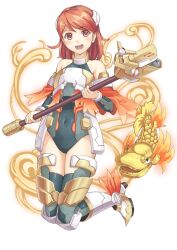  :d armor bare_shoulders bodysuit boots breastplate commentary_request covered_navel eichisu female jumping leotard magical_girl mahou_shoujo_taisen mahou_shoujo_taisen_contest_1 mecha_musume official_art open_mouth red_eyes red_hair shachihoko short_hair simple_background smile solo staff thighhighs white_background 