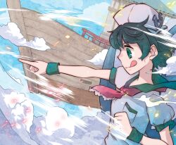  aircraft airship black_hair cloud commentary_request female flying green_eyes hat inuinui murasa_minamitsu outstretched_arms palanquin_ship pointing puffy_sleeves ship short_hair short_sleeves sky solo tongue touhou watercraft wristband 