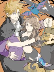  1boy alternate_costume bat_(animal) bat_wings blue_oak breasts brown_eyes brown_hair fangs female halloween hug lampent leaf_(pokemon) medium_breasts pokemon pokemon_(creature) pokemon_frlg pumpkin rotasu smile tegaki vampire wings zubat 