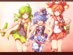  3girls bag bare_shoulders bell bellko_(rbb) blue_hair blue_thighhighs blush bow closed_eyes closed_umbrella commentary_request green_hair grin hamko_(rbb) hat hat_bow highres holding_hands ketsuko_(rbb) letterboxed long_hair multiple_girls necktie open_mouth orange_hair original rainybluebell rojiko short_hair skirt smile striped_clothes striped_thighhighs thighhighs umbrella vest wrist_cuffs 