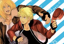  2boys blonde_hair blue_eyes bomber_jacket bud_(korovsme) commentary_request fatal_fury fingerless_gloves garou:_mark_of_the_wolves gloves hat jacket male_focus multiple_boys photoshop_(medium) red_eyes red_jacket rock_howard terry_bogard unworn_hat unworn_headwear 