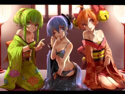  3girls :q ahoge bare_shoulders bell bellko_(rbb) blue_bra blue_hair blue_panties bra breasts cleavage commentary_request green_hair hamko_(rbb) hat highres japanese_clothes ketsuko_(rbb) kimono letterboxed long_hair medium_breasts multiple_girls navel obi off_shoulder one_eye_closed orange_hair original panties ponytail rainybluebell rojiko sash short_hair sidelocks sitting smile tongue tongue_out underwear yokozuwari 