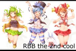  3girls ;d armpits arms_up bellko_(rbb) blue_hair blue_thighhighs bow bracelet brown_eyes closed_eyes commentary_request green_eyes green_hair grin hamko_(rbb) hat hat_bow highres jewelry jumping ketsuko_(rbb) letterboxed long_hair multiple_girls navel necktie one_eye_closed open_mouth orange_hair original panties pantyshot rainybluebell rojiko short_hair skirt smile striped_clothes striped_thighhighs stuffed_animal stuffed_toy teddy_bear thighhighs underwear vest wrist_cuffs 