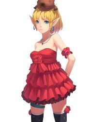  alternate_costume archer_(dragon_nest) bare_shoulders blonde_hair blue_eyes chinese_commentary commentary_request dragon_nest dress earrings elf female fkey flower frilled_dress frills highres hoop_earrings jewelry necklace pearl_necklace photoshop_(medium) pointy_ears poochum rose short_hair simple_background solo strapless strapless_dress thighhighs white_background 