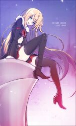  black_thighhighs blonde_hair blue_eyes boots commentary_request dougan_calpis_con female fur_trim guilty_crown guilty_crown_lost_christmas high_heels jacket lips long_hair looking_at_viewer present_(guilty_crown) shoes sitting skirt smile snow solo thigh_boots thighhighs very_long_hair 