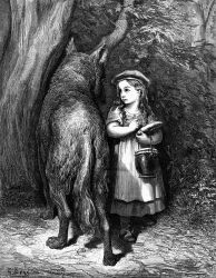  1864 19th_century all_fours ambiguous_gender ancient_art big_bad_wolf canid canine canis clothed clothing detailed_background dress duo engraving eye_contact fairy_tales female feral fluffy fluffy_tail food footwear formal_art fur greyscale gustave_dore hair hat headgear headwear holding_food holding_object human little_red_riding_hood little_red_riding_hood_(copyright) long_hair looking_at_another mammal monochrome outside plant shoes signature standing tail traditional_media_(artwork) tree wolf wood young 