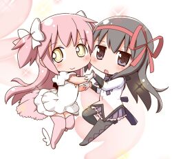  2girls akemi_homura akemi_homura_(magical_girl) black_hair boots chibi commentary_request dress gerotan gloves hair_ribbon holding_hands kaname_madoka long_hair magical_girl mahou_shoujo_madoka_magica mahou_shoujo_madoka_magica_(anime) multiple_girls open_mouth pantyhose pink_footwear pink_hair pleated_skirt purple_eyes ribbon skirt smile thighhighs two_side_up ultimate_madoka yellow_eyes 