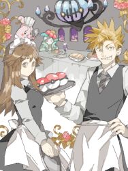  1boy alternate_costume apron blue_oak bow bowtie brown_eyes brown_hair chandelure clothed_pokemon female food happiny indoors leaf_(pokemon) lilligant long_hair poke_ball pokemon pokemon_(creature) pokemon_frlg rotasu smile tegaki waiter waitress 