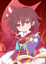  1boy brown_hair cape chains commentary_request glasses hat klug_(puyopuyo) mari_audio puyopuyo puyopuyo_fever red_eyes smirk strange_klug upper_body 