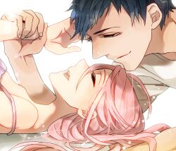  1boy aomine_daiki bad_id bad_pixiv_id blue_eyes blue_hair closed_eyes female hanazawa kuroko_no_basuke long_hair momoi_satsuki photoshop_(medium) pink_hair short_hair smile tan 