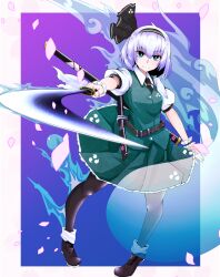  belt black_belt black_hairband black_pantyhose blue_eyes closed_mouth commentary_request female full_body grey_hair hairband highres holding holding_sword holding_weapon konpaku_youmu konpaku_youmu_(ghost) looking_at_viewer md5_mismatch pantyhose petals puffy_short_sleeves puffy_sleeves resolution_mismatch rihito_(usazukin) scabbard sheath shoes short_hair short_sleeves skirt skirt_set smile solo source_smaller standing sword touhou weapon wrist_cuffs 