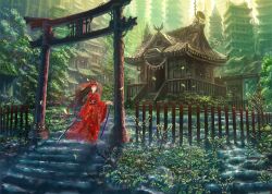  architecture brown_hair building commentary_request denki dual_wielding east_asian_architecture female fence forest holding japanese_clothes katana leaf long_hair mask nature original outdoors red_eyes revision scabbard scenery sheath shrine solo stairs sunlight sword torii tree weapon wind wooden_fence 