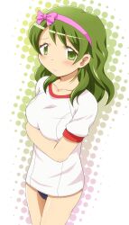  blush breast_hold breasts buruma commentary_request female green_eyes green_hair gym_uniform hair_ribbon highres long_hair mahou_shoujo_madoka_magica mahou_shoujo_madoka_magica_(anime) photoshop_(medium) ribbon shizuki_hitomi solo yoshiwo_(kanikama) 