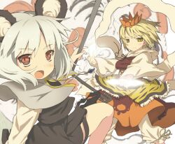  2girls animal_ears animal_print blonde_hair blush capelet commentary_request dowsing_rod hair_ornament jewelry mouse_ears multiple_girls nazrin necklace oerba_yun_fang ooide_chousuke open_mouth photoshop_(medium) red_eyes shawl short_hair tail tiger_print toramaru_shou touhou white_hair yellow_eyes 