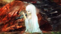  bad_id bad_pixiv_id bare_shoulders crack crying cuts female highres injury long_hair looking_at_another monster mourning partially_submerged pixiv_fantasia pixiv_fantasia_sword_regalia sad sakaya313 scar scar_across_eye scar_on_face tears torn_clothes torn_sleeves water white_hair 