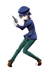  androgynous bad_id bad_pixiv_id cabbie_hat female full_body grey_eyes gun handgun hat machinosuke persona persona_4 photoshop_(medium) reverse_trap revolver school_uniform shirogane_naoto short_hair simple_background solo weapon white_background 