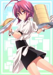  amasora_taichi antenna_hair apron bamboo_steamer commentary_request female food holding koihime_musou pink_eyes pink_hair plate ryofu short_hair solo tray waist_apron waitress wrist_cuffs 