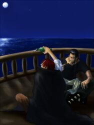  2boys ben_beckman black_jacket boots bottle cigarette full_moon indian_style jacket jacket_on_shoulders lighter male male_focus moon multiple_boys night ocean one_piece outdoors pouring railing red_hair reflection sash scenery shanks ship sitting smile smoking water 