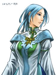  55dopl3e bad_id bad_pixiv_id blue_eyes blue_hair capelet dress elona female larnneire long_hair looking_away photoshop_(medium) solo upper_body white_background 