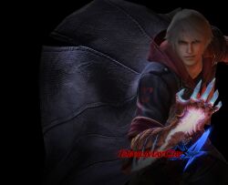  1boy 3d blue_eyes coat copyright_name devil_bringer devil_may_cry_(series) devil_may_cry_4 gloves logo male_focus nero_(devil_may_cry) official_art official_wallpaper photoshop_(medium) red_queen_(sword) solo trench_coat tsuchibayashi_makoto weapon white_hair yoshikawa_tatsuya 