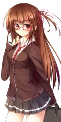  bad_id bad_pixiv_id bag brown_eyes brown_hair female glasses hair_ornament hair_ribbon hairpin long_hair necktie niboss original photoshop_(medium) pleated_skirt ribbon school_uniform simple_background skirt solo white_background 