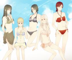  5girls artoria_pendragon_(fate) bad_id bad_pixiv_id bikini bikini_top_only black_bikini black_eyes black_hair blonde_hair bob_cut brown_bikini brown_eyes brown_sarong fate/zero fate_(series) green_eyes green_hair hisau_maiya irisviel_von_einzbern long_hair mmm_(xbit) multiple_girls o-ring o-ring_bikini red_bikini red_eyes red_hair saber_(fate) sarong short_hair sola-ui_nuada-re_sophia-ri striped_bikini striped_clothes swimsuit tohsaka_aoi white_hair 