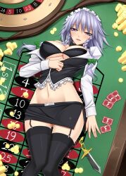  akitsuki_karasu alternate_costume ass_visible_through_thighs black_bra black_thighhighs bow bra braid breasts casino coin commentary_request cosplay croupier female gambling garter_straps grey_eyes grey_hair hairbow izayoi_sakuya knife large_breasts lying maid_headdress midriff navel on_back rio_rollins rio_rollins_(cosplay) roulette roulette_table short_hair skirt solo super_blackjack table thighhighs touhou twin_braids underwear weapon 