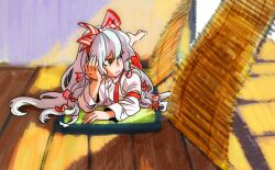  barefoot bow commentary_request female frown fujiwara_no_mokou hairbow head_rest indoors long_hair looking_away lying on_stomach red_eyes shirt solo suspenders tatami touhou utaco very_long_hair white_hair wind wooden_floor 