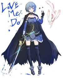  adapted_costume armband bad_id bad_pixiv_id blue_eyes blue_hair cape collarbone english_text female gloves hakuaki kyuubee magical_girl mahou_shoujo_madoka_magica mahou_shoujo_madoka_magica_(anime) miki_sayaka miki_sayaka_(magical_girl) scales short_hair simple_background skirt soul_gem sword thighhighs weapon 