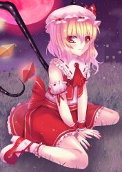  absurdres ascot bad_id bad_pixiv_id bat_(animal) blonde_hair blush chinese_commentary commentary_request cross female flandre_scarlet full_moon grass grave hat hat_ribbon highres moon night oerba_yun_fang red_eyes red_moon ribbon scarlet_devil_mansion short_hair short_sleeves side_ponytail sitting skirt smile solo sonikey0_0 touhou wings wrist_cuffs 