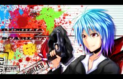  bad_id bad_pixiv_id blue_hair character_name contemporary female finger_on_trigger gun handgun hat letterboxed pandora-ex remilia_scarlet short_hair smile solo touhou unworn_hat unworn_headwear weapon 