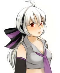  ahoge artist_name bare_shoulders bow breasts cleavage crop_top detached_sleeves female grey_shirt hair_ribbon hairbow headphones lips long_hair medium_breasts midriff necktie ponytail purple_necktie red_eyes ribbon roarke_(lavenderincubus) shirt solo striped_bow upper_body vocaloid watermark web_address white_hair yowane_haku 