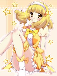  bad_id bad_pixiv_id blonde_hair blush boots bow cosplay cure_peace cure_peace_(cosplay) dress female hairband hinapo magical_girl precure self_cosplay sitting skirt smile smile_precure solo star_(symbol) white_hairband wrist_cuffs yayoi_kise yellow_bow yellow_eyes yellow_skirt yellow_theme 