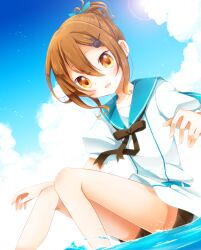  akane_(goma) androgynous blush bow brown_eyes brown_hair cloud goma_(11zihisin) hair_ornament hairbow hairclip looking_at_viewer male male_focus open_mouth original ponytail ribbon sailor_suit shorts sitting solo trap water 