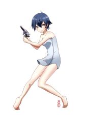  bad_id bad_pixiv_id barefoot female full_body grey_eyes gun handgun machinosuke naked_towel persona persona_4 photoshop_(medium) revolver shirogane_naoto short_hair simple_background solo towel weapon white_background 