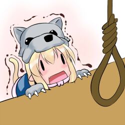  animal_costume blonde_hair blush cat_tail chibi commentary_request dog_costume female hoshizuki_(seigetsu) mizuhashi_parsee noose open_mouth puru-see_(hoshizuki_(seigetsu)) rope short_hair simple_background solo tail touhou trembling |_| 