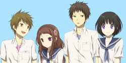  2boys 2girls alternate_hair_length alternate_hairstyle brown_hair chitanda_eru commentary_request everyone fukube_satoshi green_eyes hyouka ibara_mayaka kamiyama_high_school_uniform_(hyouka) long_hair multiple_boys multiple_girls oreki_houtarou purple_eyes rito453 school_uniform serafuku short_hair 