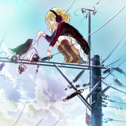  animal bird blonde_hair blue_eyes boots cloud crow day ein_(long_cake) feeding female from_side headphones miniskirt on_top_of_pole original outdoors pleated_skirt power_lines profile short_hair sketch skirt sky solo squatting utility_pole 