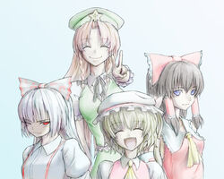  4girls :d ^_^ ascot bad_id bad_pixiv_id blue_background bow closed_eyes collarbone collared_shirt detached_sleeves fangs flandre_scarlet fujiwara_no_mokou hair_between_eyes hairbow hakurei_reimu hat hong_meiling kath long_hair mob_cap multiple_girls neck_ribbon one_eye_closed open_mouth photoshop_(medium) red_eyes ribbon shirt smile star_(symbol) suspenders touhou v yellow_ascot 