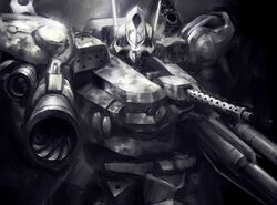  aiming aiming_at_viewer armored_core armored_core:_last_raven evangel greyscale mecha monochrome mozuo no_humans robot 