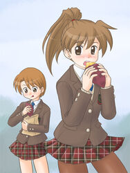  2girls blush brown_eyes brown_hair eating food fujimoto_atsuko lielos lowres multiple_girls original pantyhose poniko_(lielos) ponytail school_uniform short_hair unmoving_pattern 