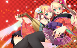  2girls animal_ears bare_shoulders black_thighhighs blonde_hair choker commentary_request flower foreshortening frills garter_belt gradient_hair green_eyes hair_flower hair_ornament hand_fan hands instrument japanese_clothes kimono kimono_skirt laughing long_hair looking_back multicolored_hair multiple_girls original panties pantyshot pink_hair ponytail ribbon side_ponytail smile tanabe thighhighs two-tone_hair underwear wide_sleeves wings zettai_ryouiki 