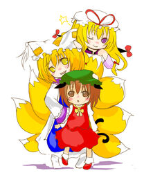  3girls animal_ears animal_hat bad_id bad_pixiv_id blonde_hair brown_eyes brown_hair cat_ears cat_tail chen fox_tail gap_(touhou) hat long_hair long_sleeves mob_cap multiple_girls multiple_tails one_eye_closed purple_eyes shoes short_hair socks souka_(souspirit) tail tassel touhou white_background wide_sleeves yakumo_ran yakumo_yukari yellow_eyes 